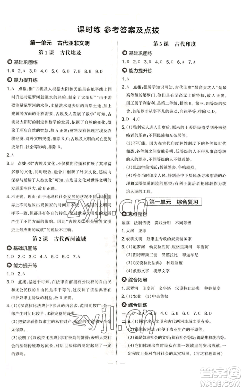 吉林教育出版社2022秋季點撥訓練九年級上冊歷史人教版參考答案