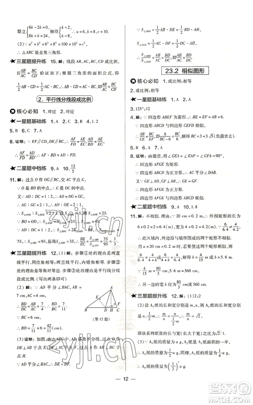 山西教育出版社2022秋季點撥訓練九年級上冊數學華師大版參考答案