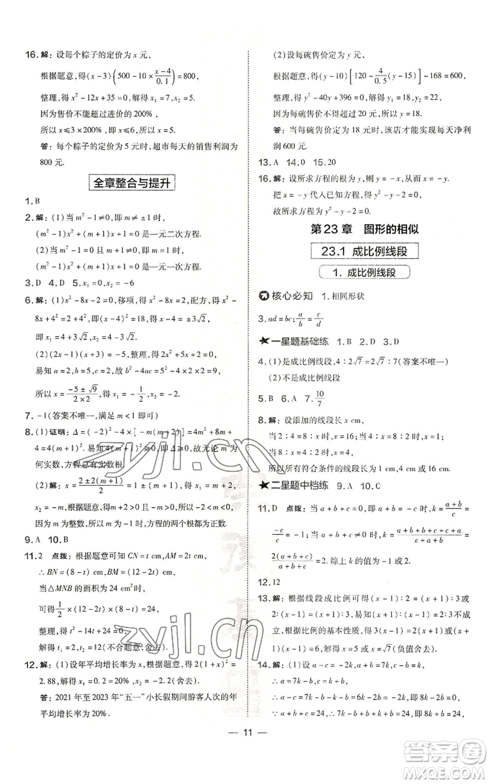 山西教育出版社2022秋季點撥訓練九年級上冊數學華師大版參考答案