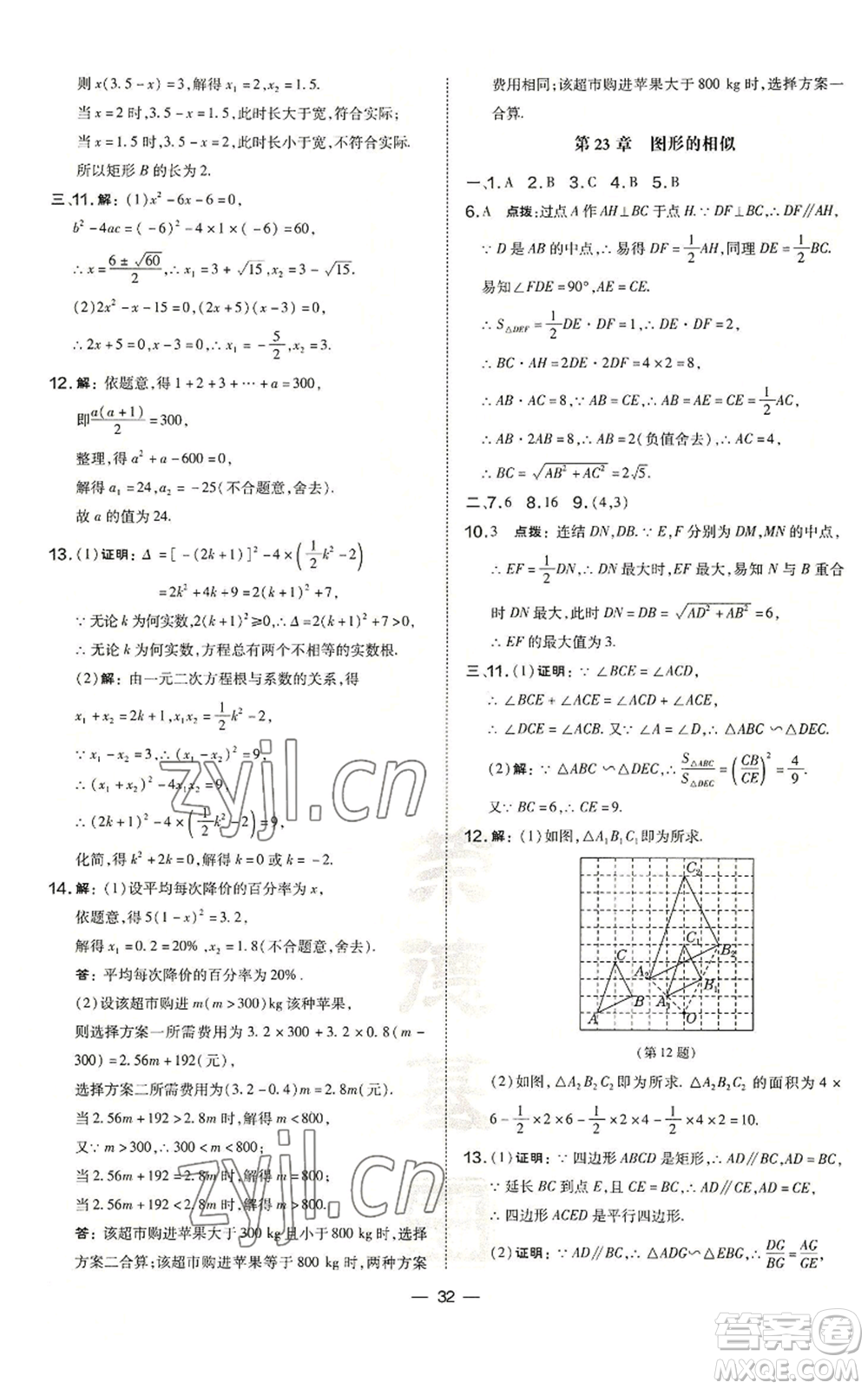 山西教育出版社2022秋季點撥訓練九年級上冊數學華師大版參考答案