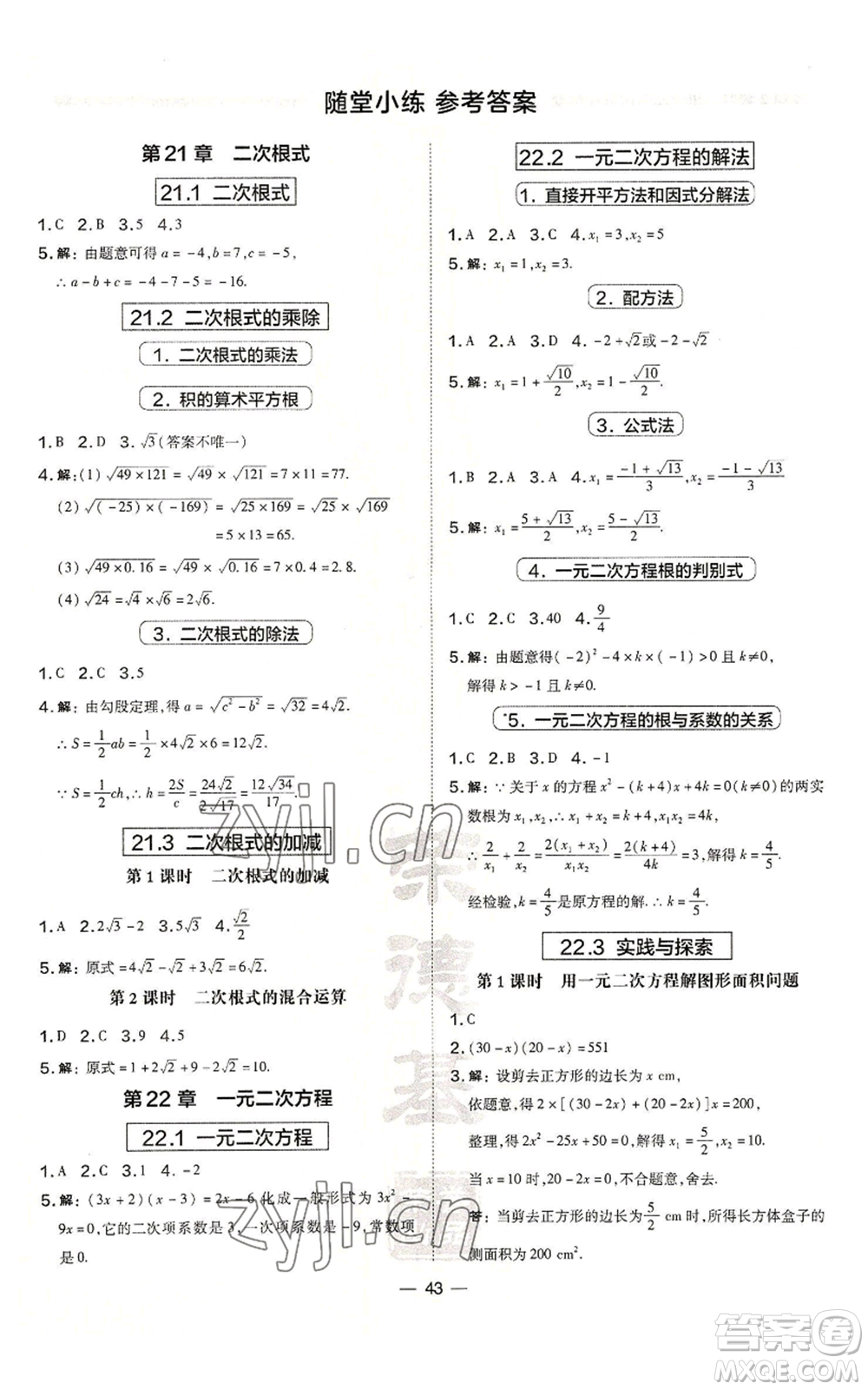 山西教育出版社2022秋季點撥訓練九年級上冊數學華師大版參考答案