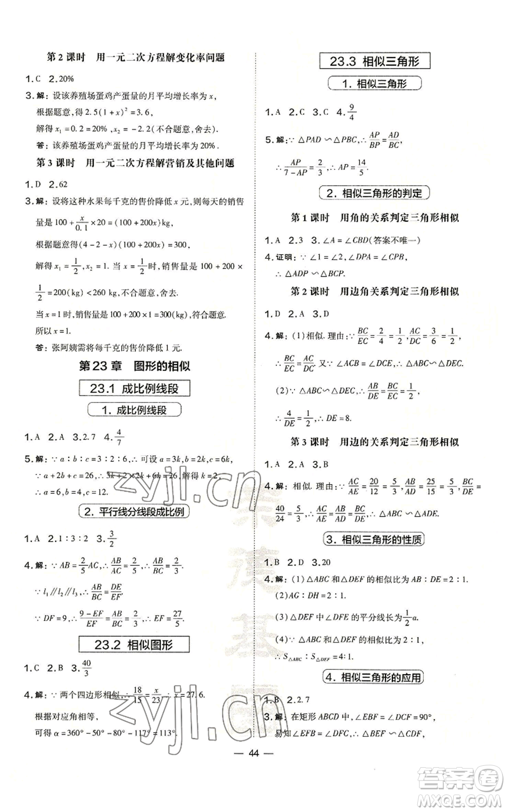 山西教育出版社2022秋季點撥訓練九年級上冊數學華師大版參考答案