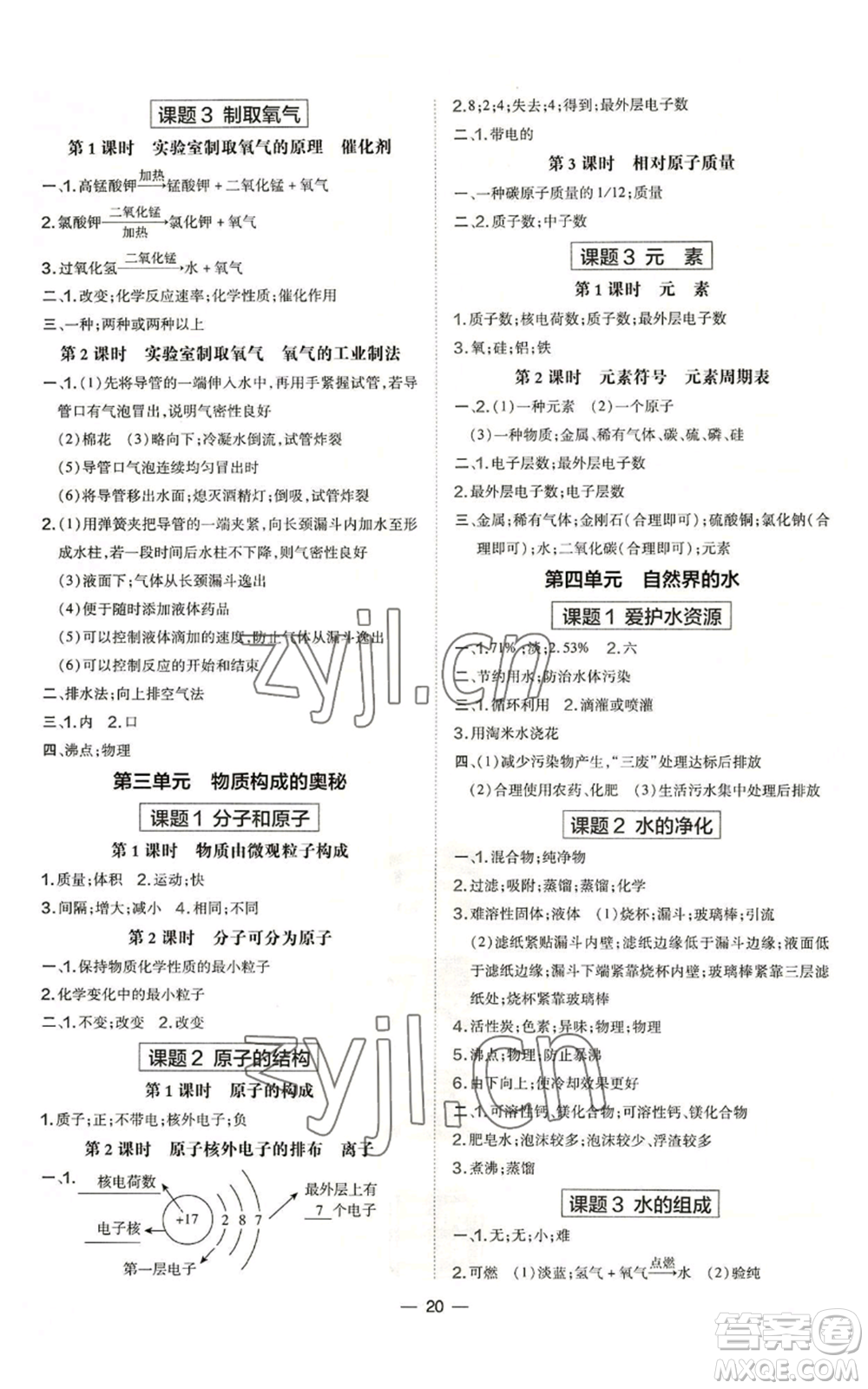 安徽教育出版社2022秋季點(diǎn)撥訓(xùn)練九年級(jí)上冊(cè)化學(xué)人教版安徽專版參考答案