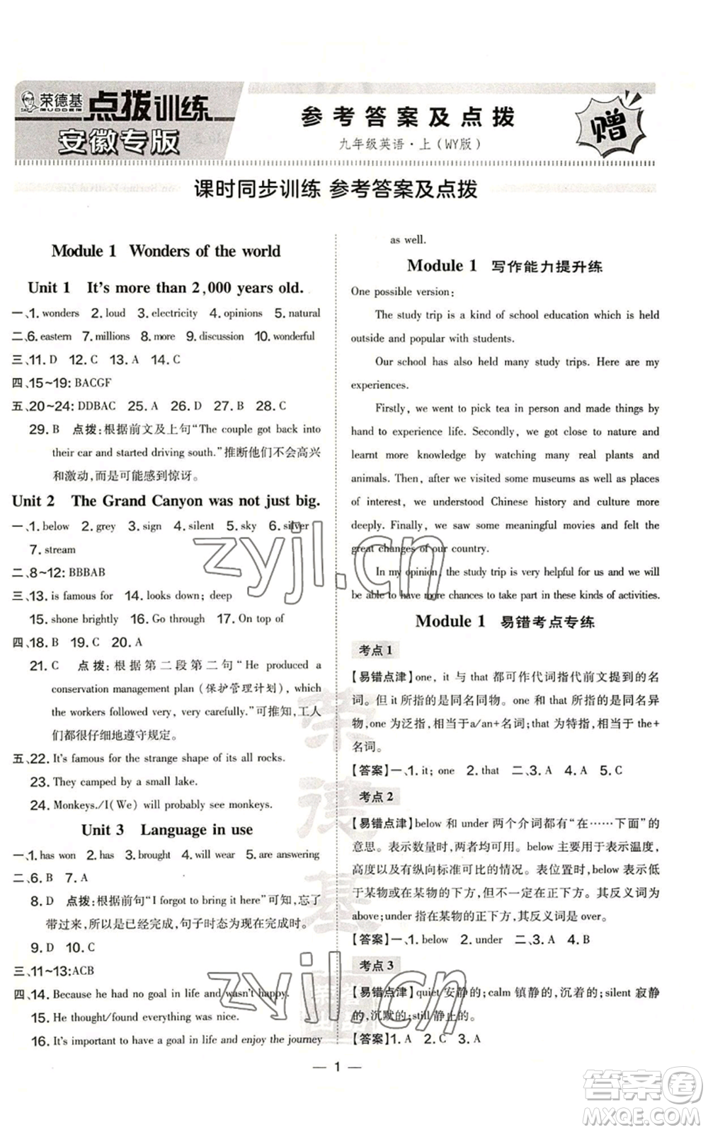 安徽教育出版社2022秋季點撥訓(xùn)練九年級上冊英語外研版安徽專版參考答案