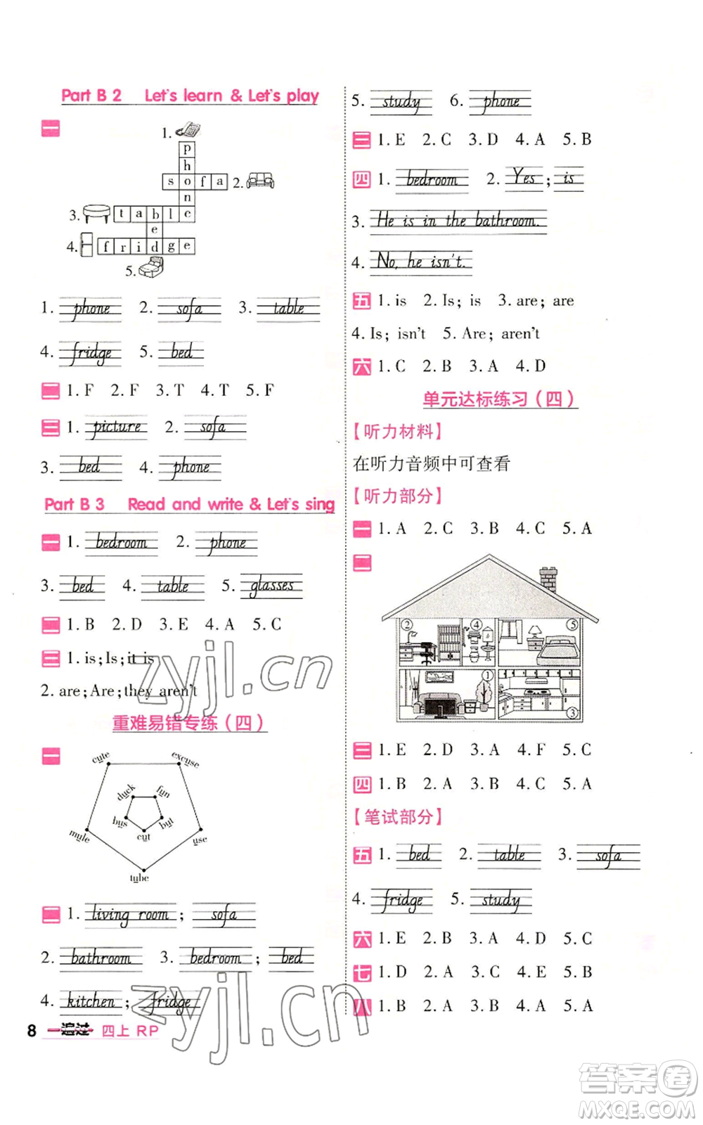 南京師范大學(xué)出版社2022秋季一遍過四年級(jí)上冊(cè)英語人教版參考答案