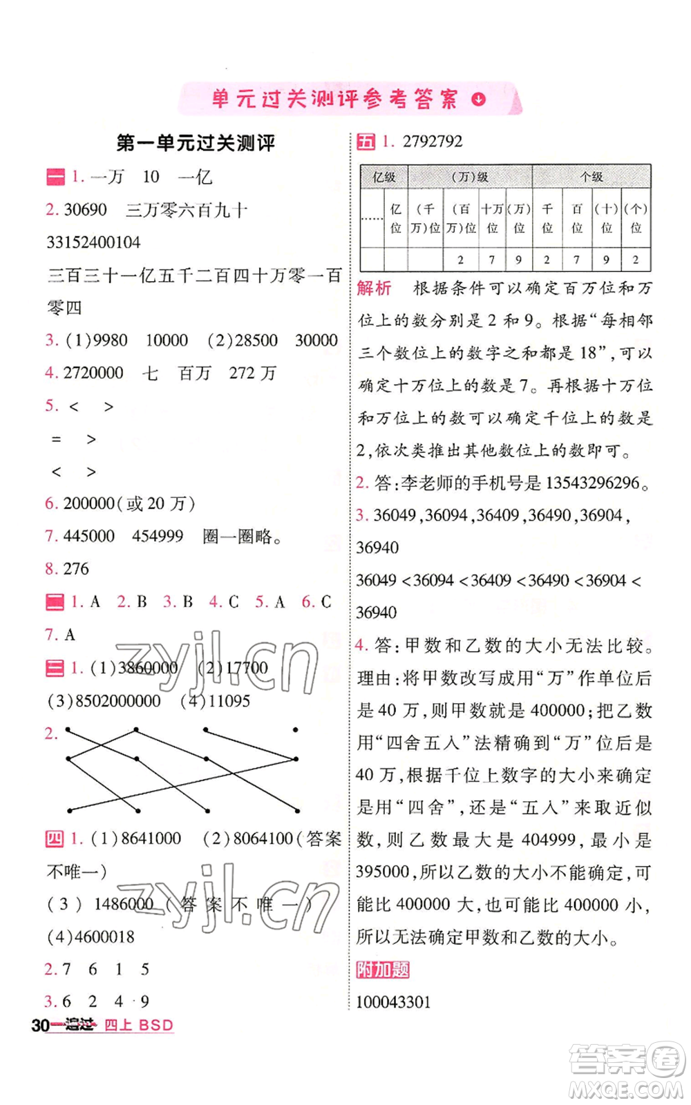 南京師范大學出版社2022秋季一遍過四年級上冊數(shù)學北師大版參考答案