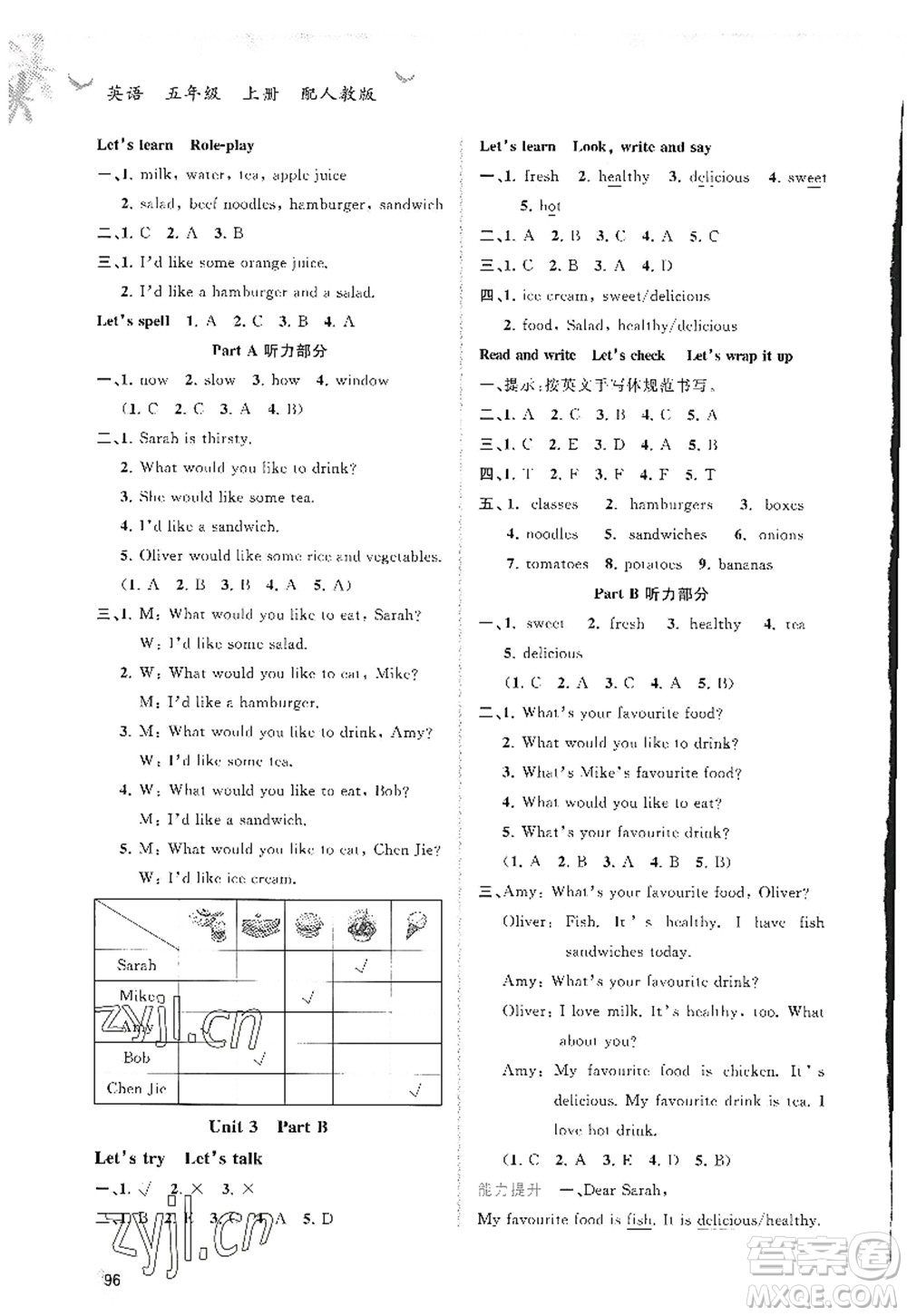 廣西師范大學(xué)出版社2022新課程學(xué)習(xí)與測評同步學(xué)習(xí)五年級英語上冊人教版答案