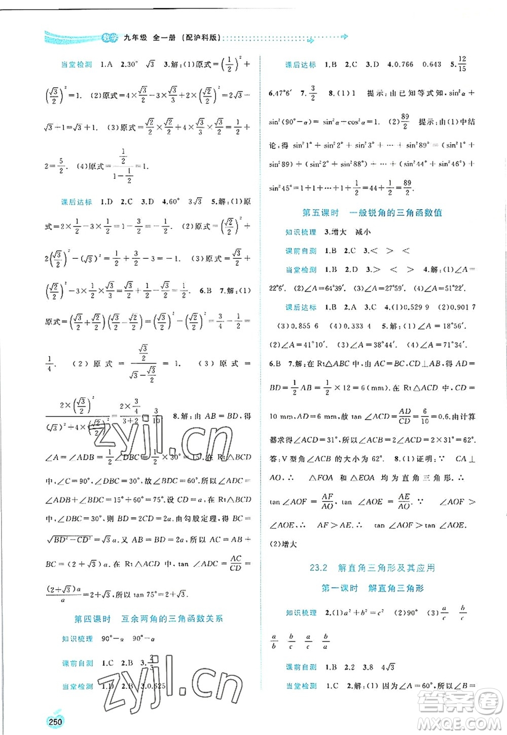 廣西師范大學(xué)出版社2022新課程學(xué)習(xí)與測評同步學(xué)習(xí)九年級數(shù)學(xué)全一冊滬科版答案