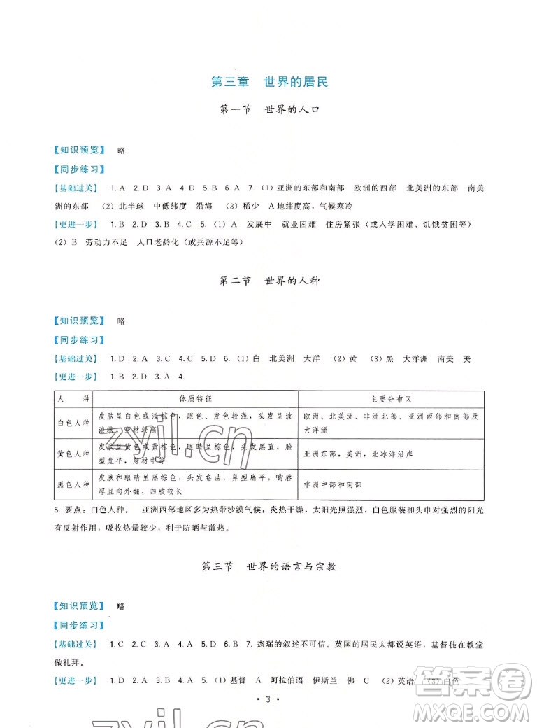 福建人民出版社2022秋頂尖課課練地理七年級上冊湘教版答案