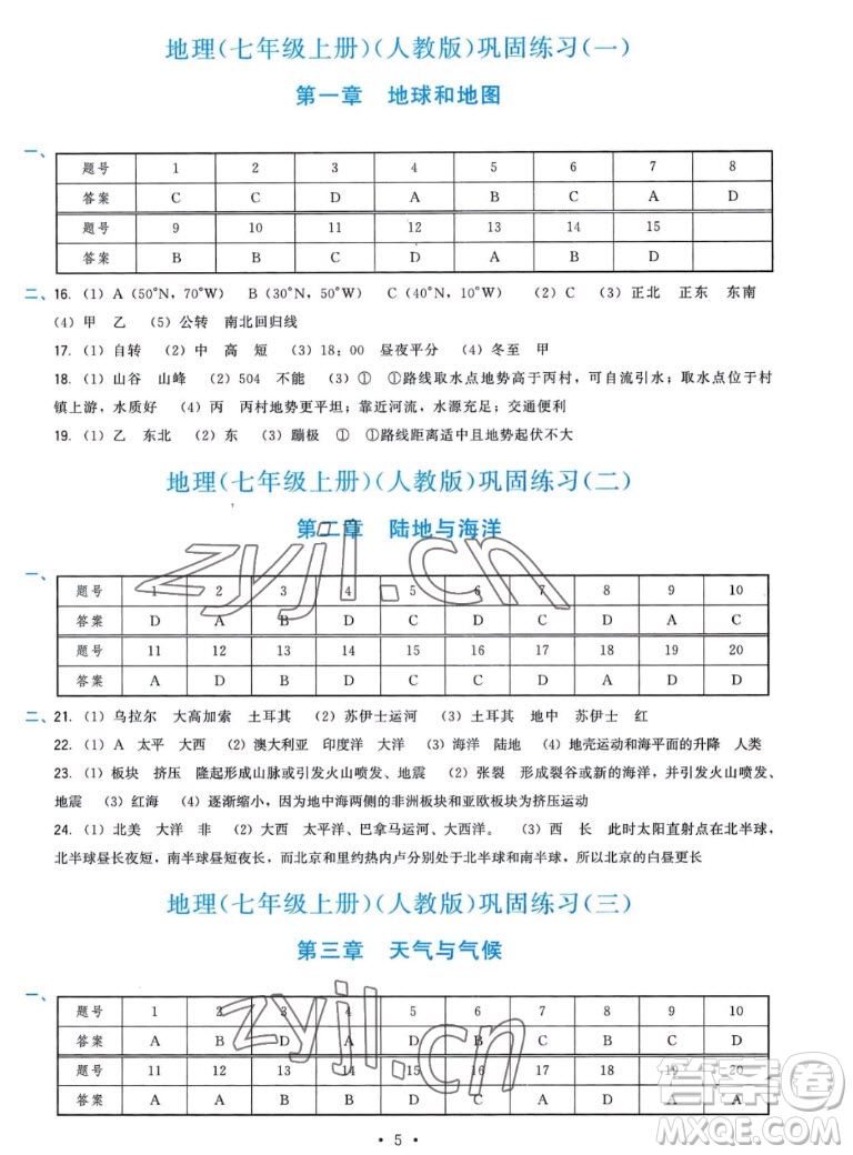 福建人民出版社2022秋頂尖課課練地理七年級(jí)上冊(cè)人教版答案