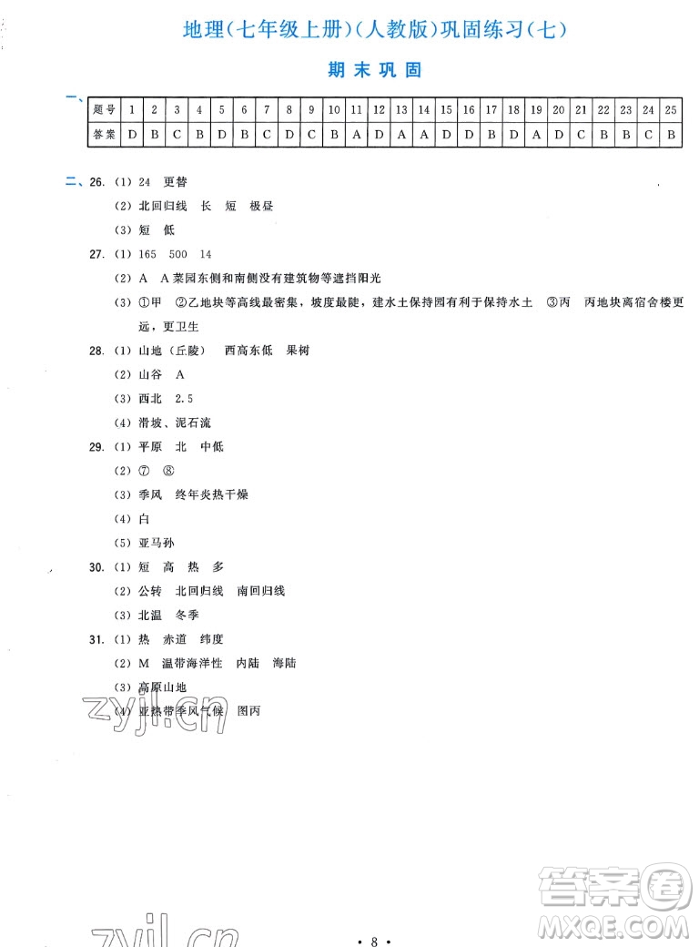 福建人民出版社2022秋頂尖課課練地理七年級(jí)上冊(cè)人教版答案