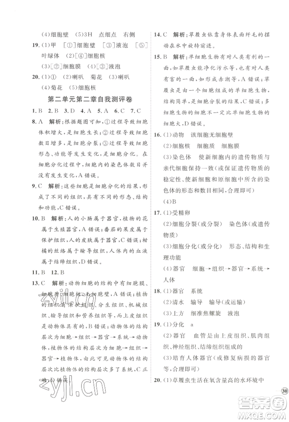 吉林教育出版社2022秋季優(yōu)+學(xué)案課時(shí)通七年級(jí)上冊(cè)生物P版參考答案