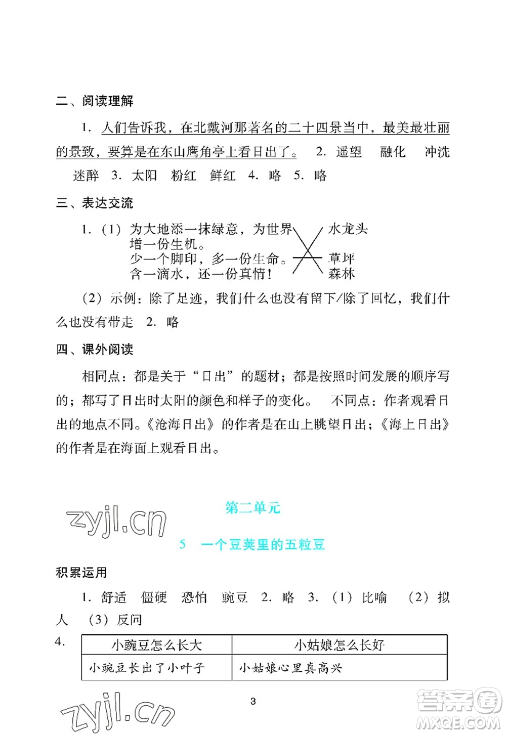 廣州出版社2022陽光學業(yè)評價四年級語文上冊人教版答案