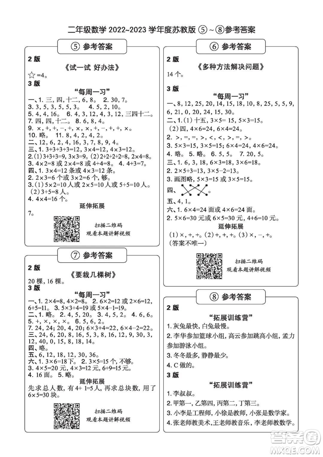 時代學習報數(shù)學周刊二年級2022-2023學年度蘇教版第1-8期參考答案