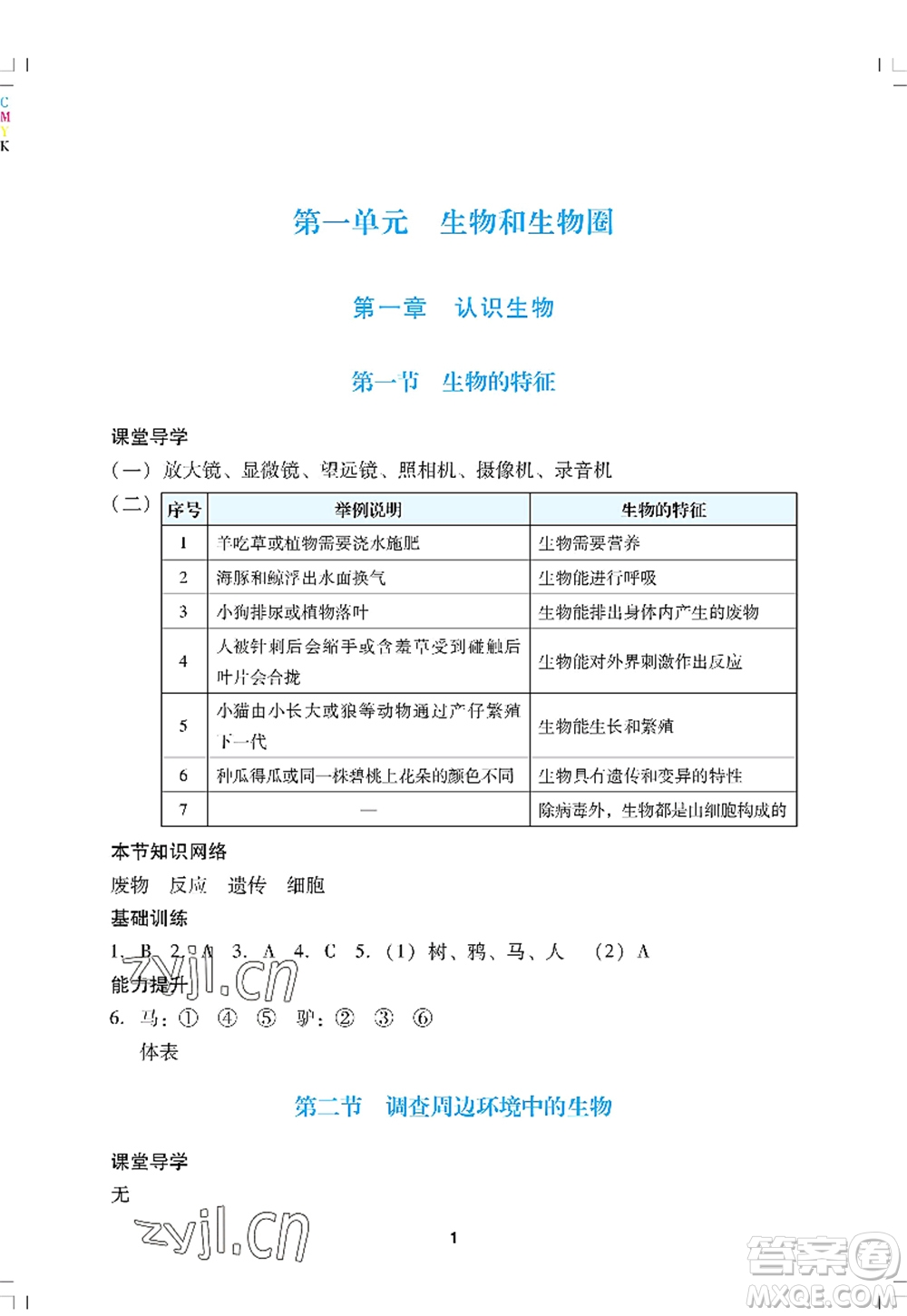 廣州出版社2022陽(yáng)光學(xué)業(yè)評(píng)價(jià)七年級(jí)生物上冊(cè)人教版答案