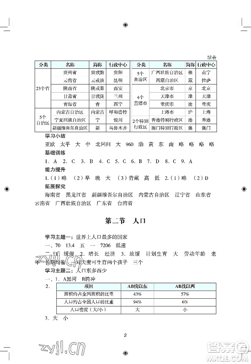 廣州出版社2022陽光學業(yè)評價八年級地理上冊人教版答案