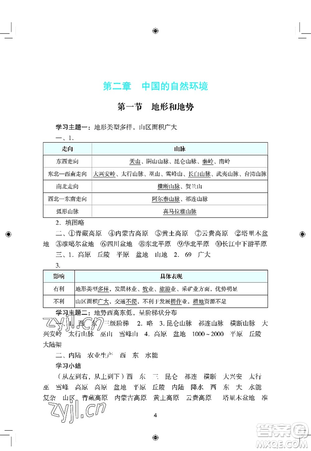 廣州出版社2022陽光學業(yè)評價八年級地理上冊人教版答案