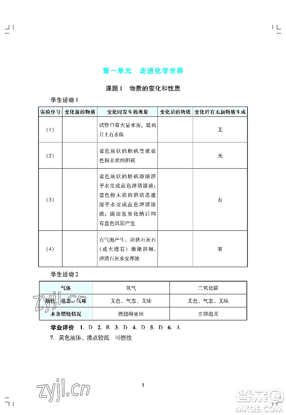 廣州出版社2022陽光學業(yè)評價九年級化學上冊人教版答案