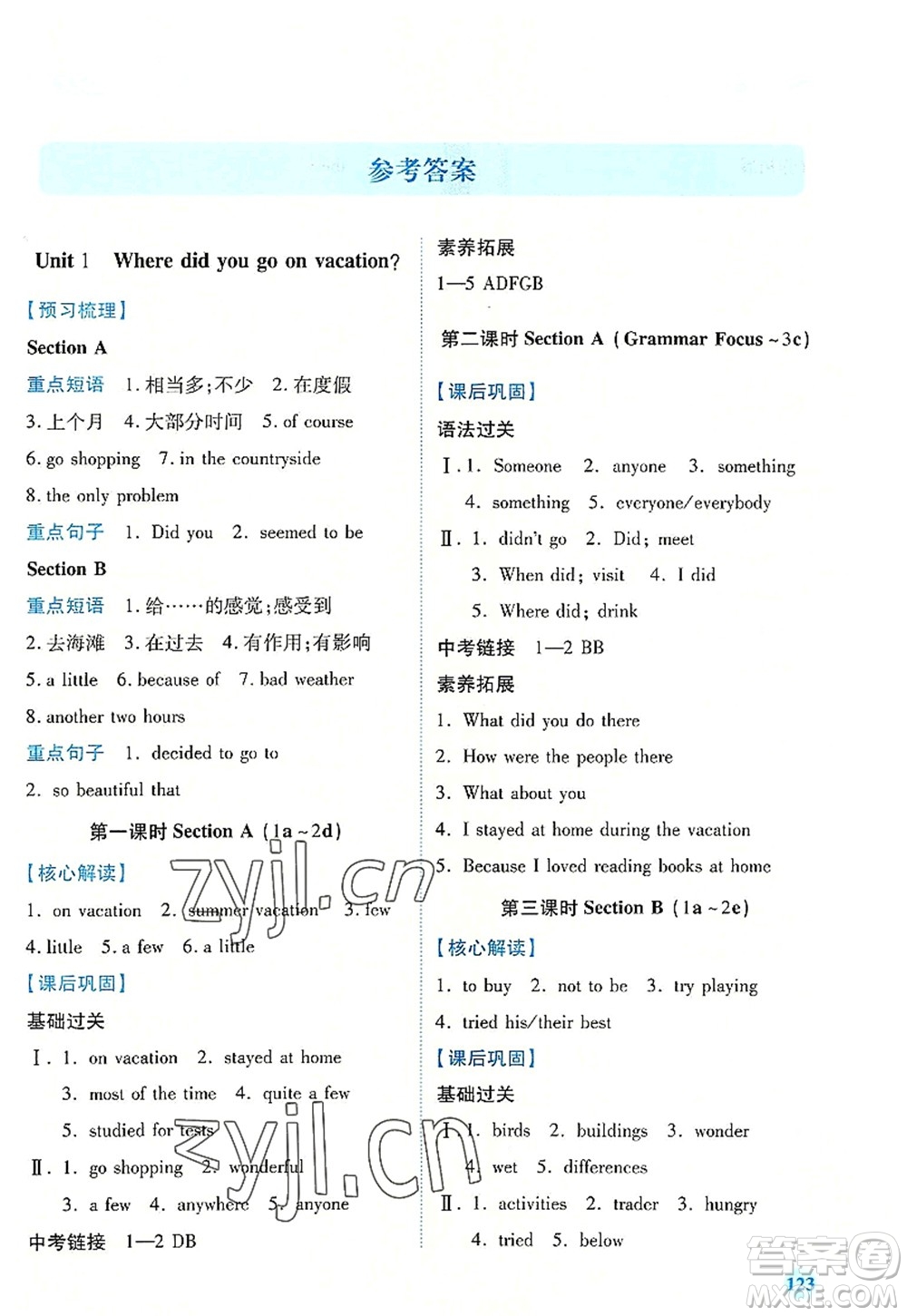 人民教育出版社2022績優(yōu)學(xué)案八年級英語上冊人教版答案