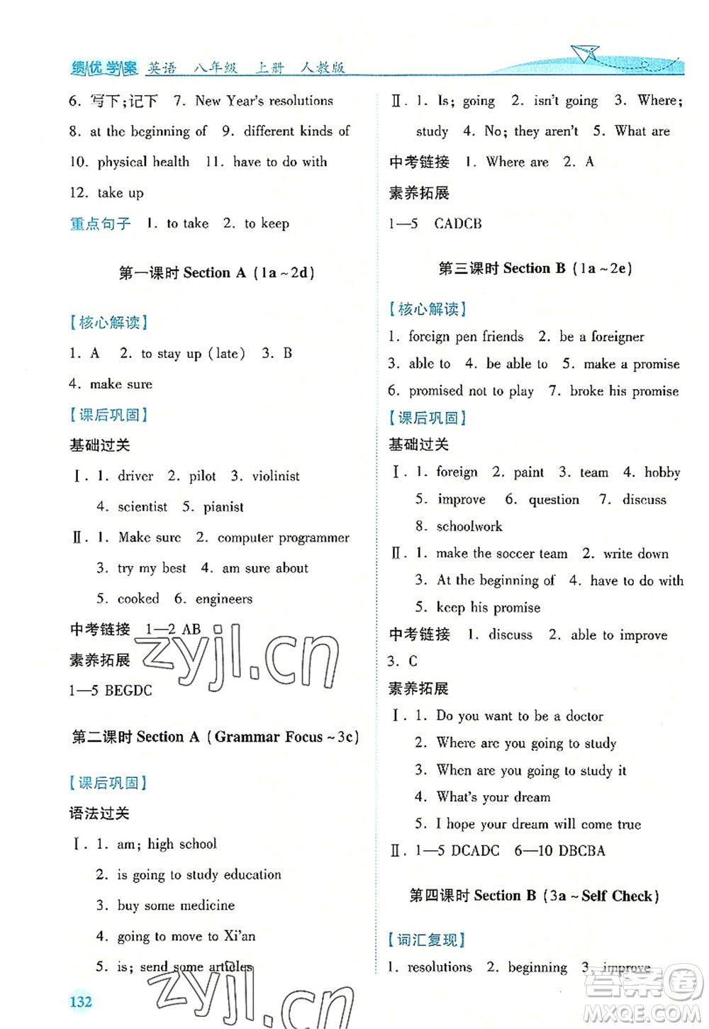 人民教育出版社2022績優(yōu)學(xué)案八年級英語上冊人教版答案