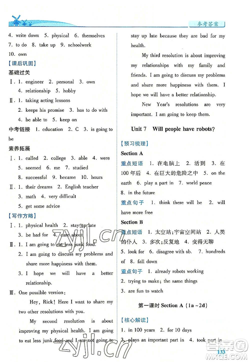 人民教育出版社2022績優(yōu)學(xué)案八年級英語上冊人教版答案