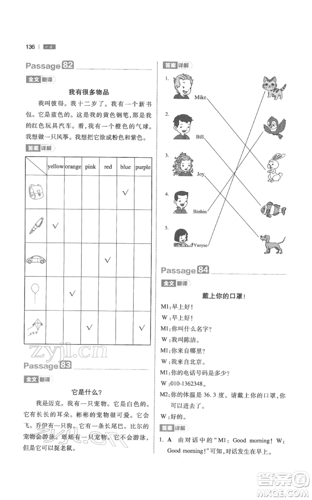 江西人民出版社2022一本小學(xué)英語(yǔ)閱讀訓(xùn)練100篇三年級(jí)通用版參考答案