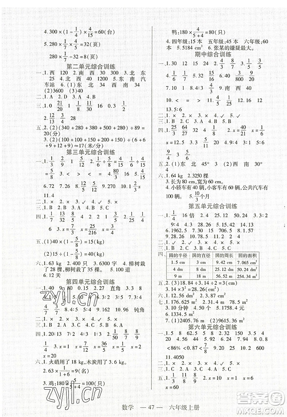 二十一世紀(jì)出版社2022新課程新練習(xí)六年級數(shù)學(xué)上冊人教版答案