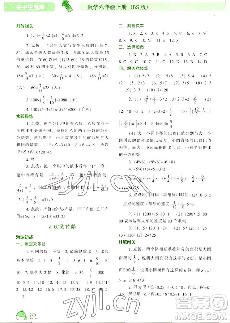 遼寧教育出版社2022秋尖子生題庫數(shù)學(xué)六年級上冊BS北師版答案