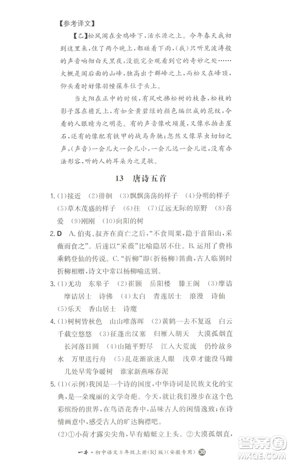 湖南教育出版社2022一本同步訓(xùn)練八年級上冊語文人教版安徽專版參考答案