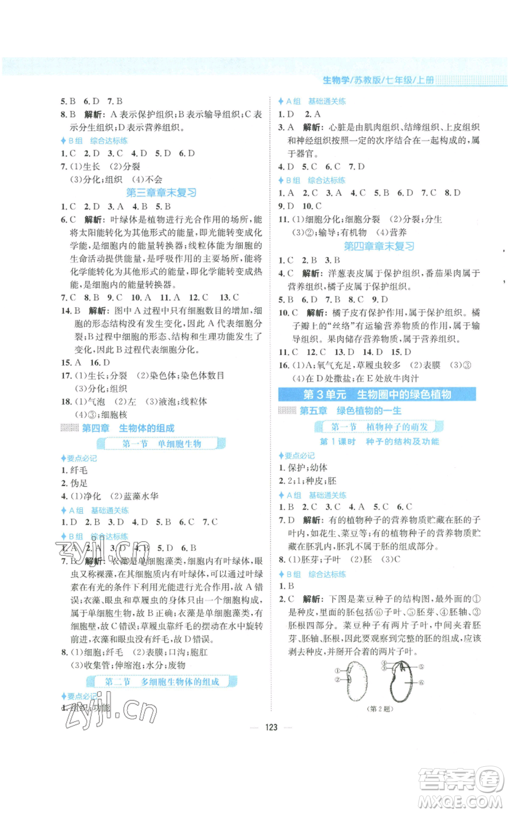 安徽教育出版社2022新編基礎(chǔ)訓(xùn)練七年級(jí)上冊(cè)生物學(xué)蘇教版參考答案