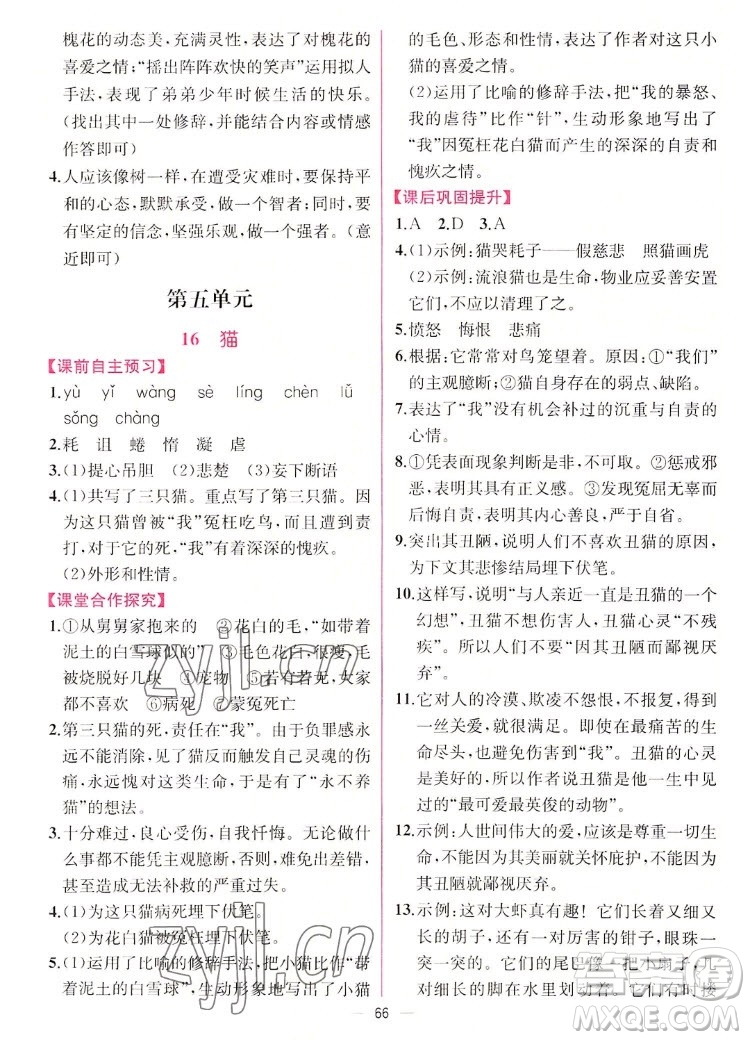 人民教育出版社2022秋同步學(xué)歷案課時(shí)練語文七年級(jí)上冊人教版答案