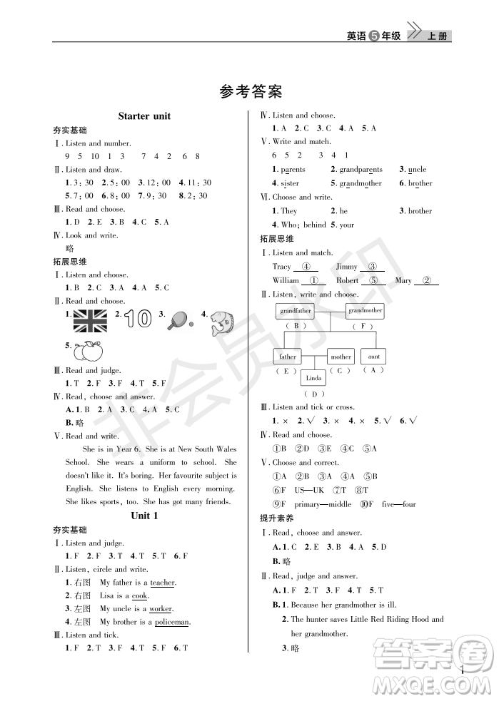 武漢出版社2022智慧學(xué)習(xí)天天向上課堂作業(yè)五年級(jí)英語上冊(cè)劍橋版答案