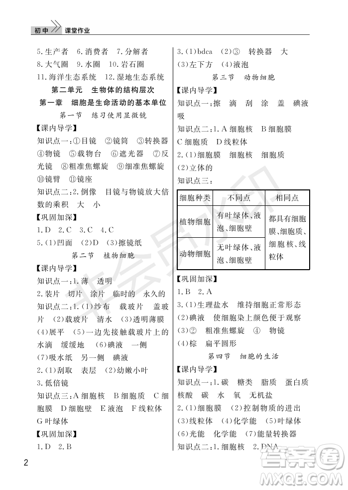 武漢出版社2022智慧學(xué)習天天向上課堂作業(yè)七年級生物上冊人教版答案