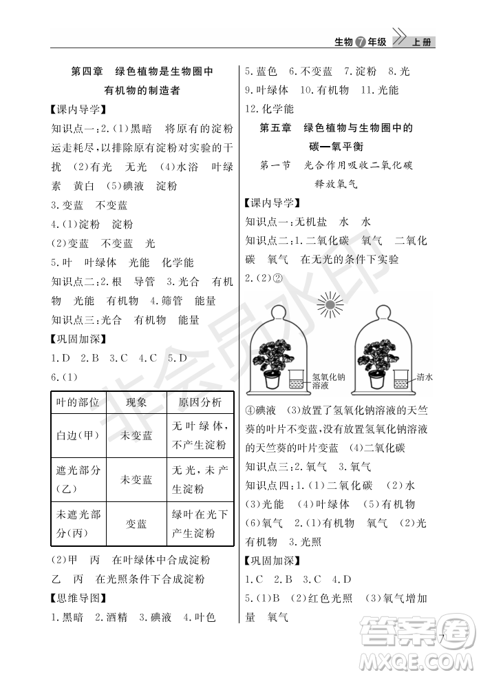 武漢出版社2022智慧學(xué)習天天向上課堂作業(yè)七年級生物上冊人教版答案