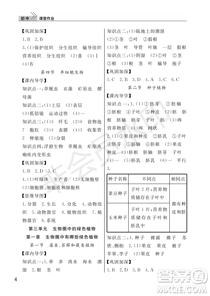 武漢出版社2022智慧學(xué)習天天向上課堂作業(yè)七年級生物上冊人教版答案