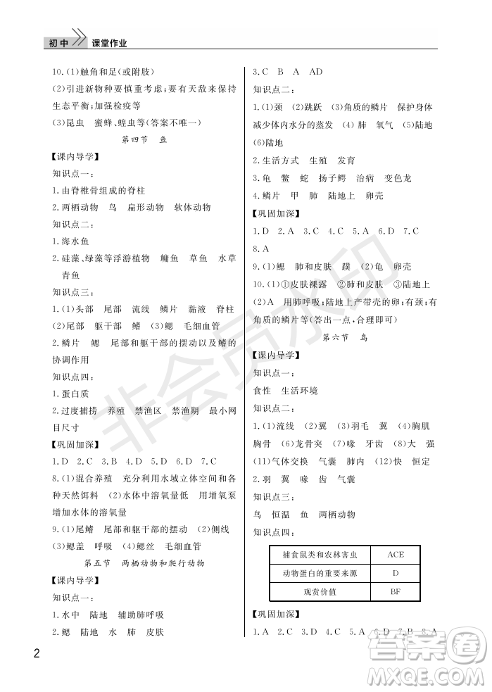 武漢出版社2022智慧學(xué)習(xí)天天向上課堂作業(yè)八年級(jí)生物上冊(cè)人教版答案