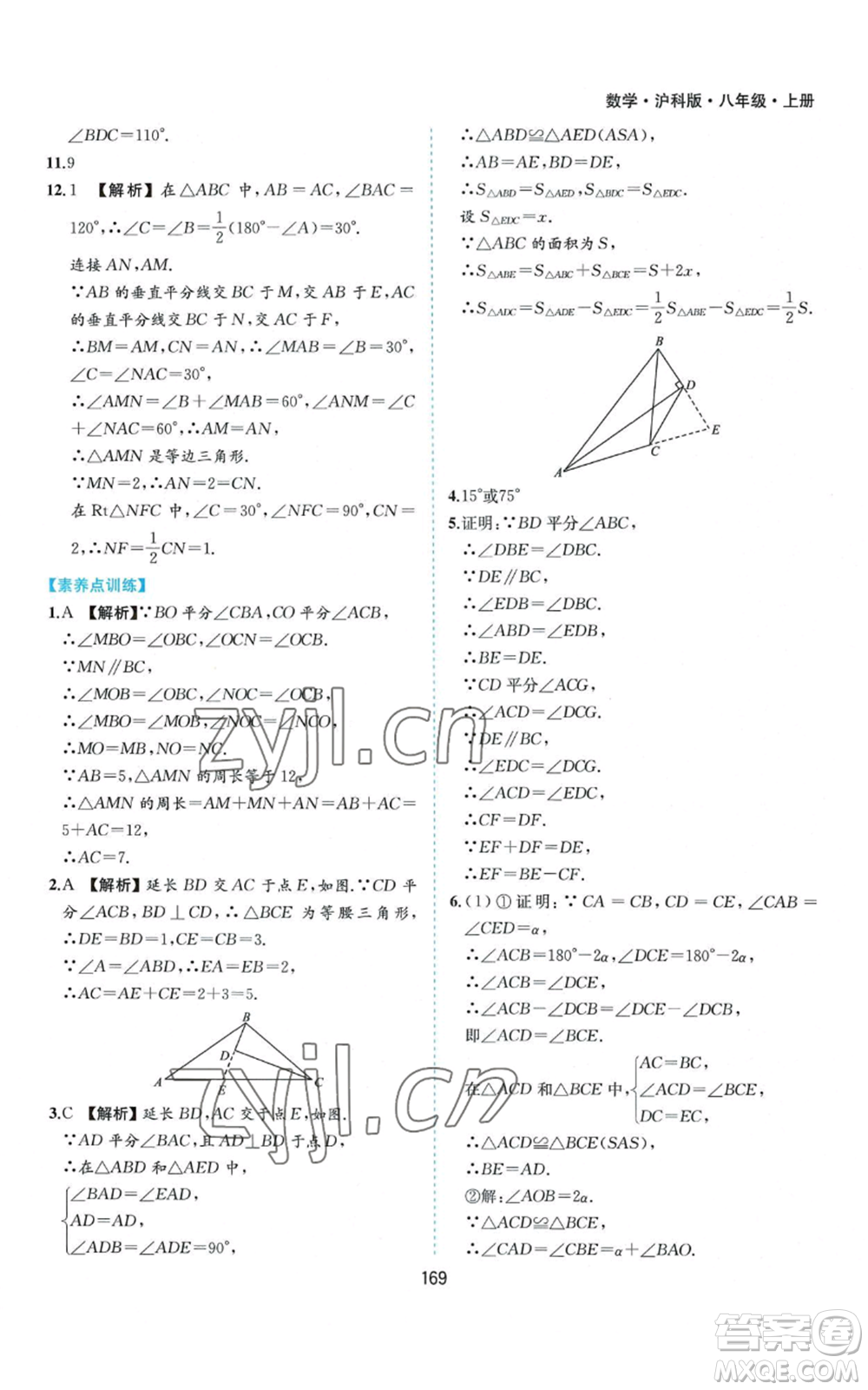 黃山書社2022新編基礎(chǔ)訓(xùn)練八年級(jí)上冊數(shù)學(xué)滬科版參考答案