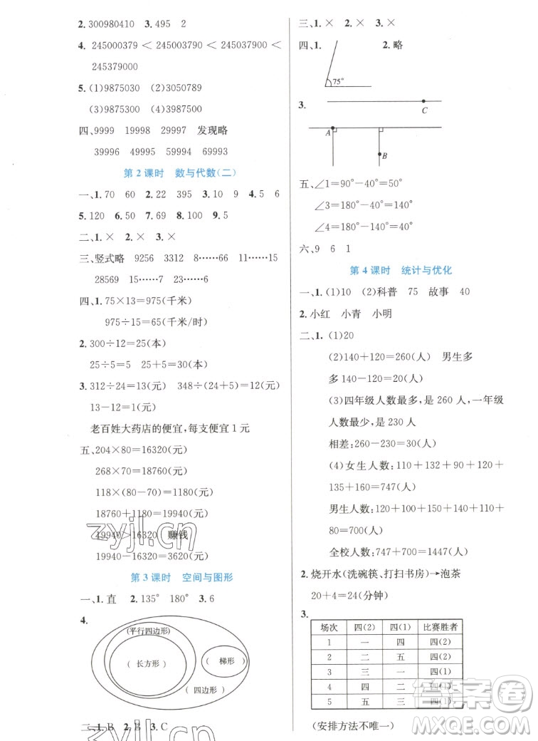 人民教育出版社2022秋小學同步測控優(yōu)化設(shè)計數(shù)學四年級上冊增強版答案