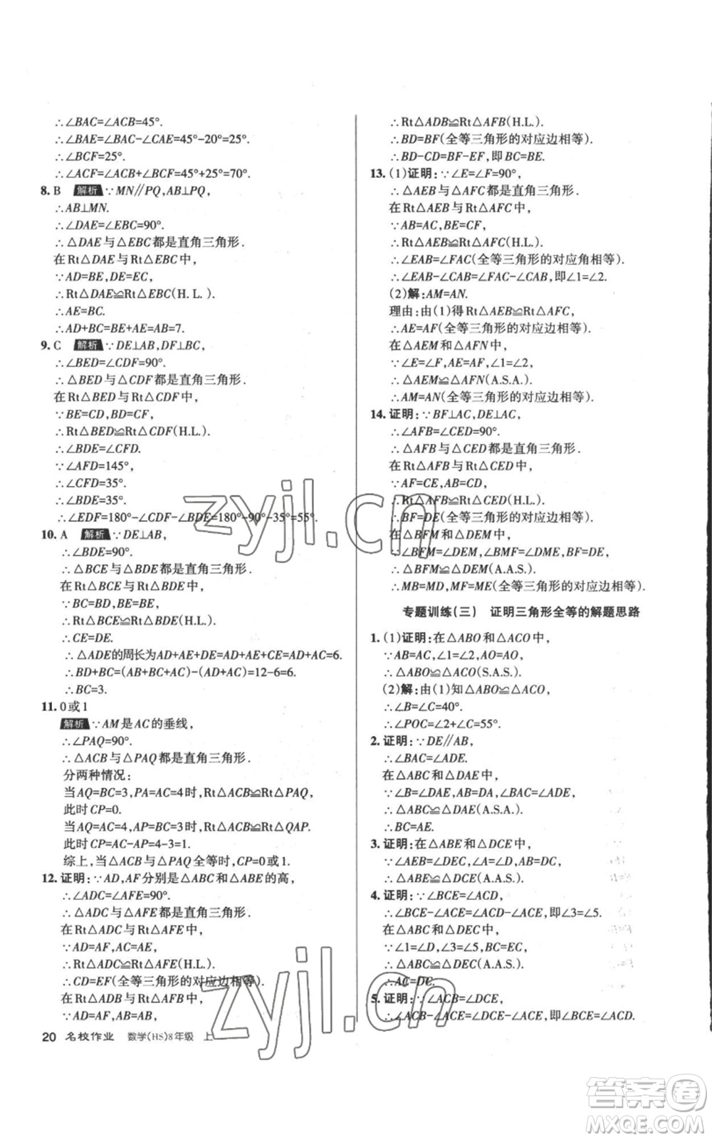 北京教育出版社2022秋季名校作業(yè)八年級上冊數(shù)學華師大版參考答案