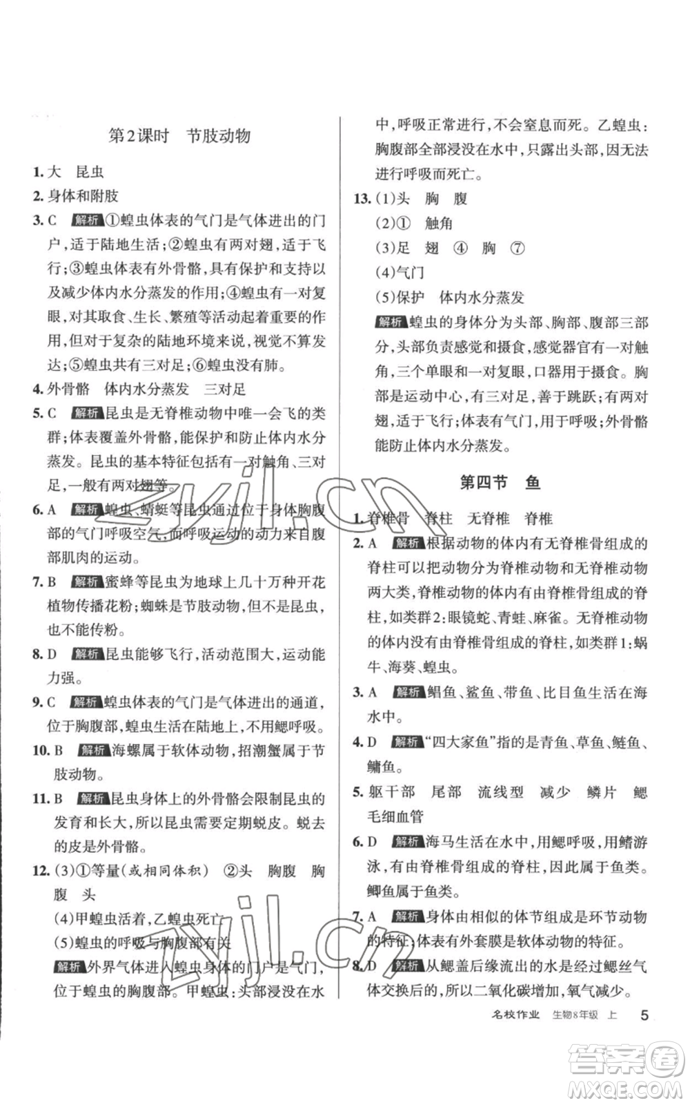 北京教育出版社2022秋季名校作業(yè)八年級(jí)上冊(cè)生物人教版參考答案