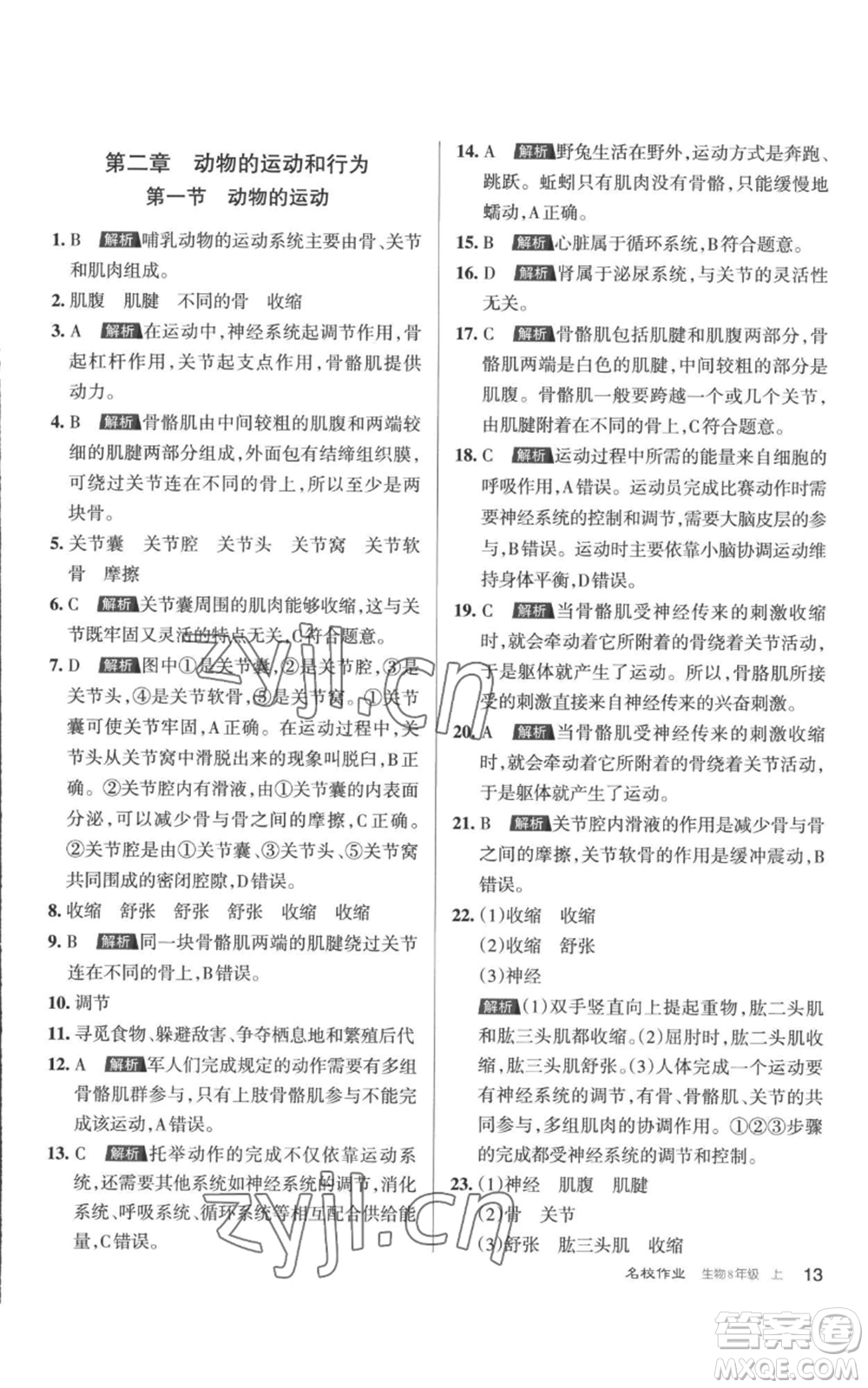 北京教育出版社2022秋季名校作業(yè)八年級(jí)上冊(cè)生物人教版參考答案