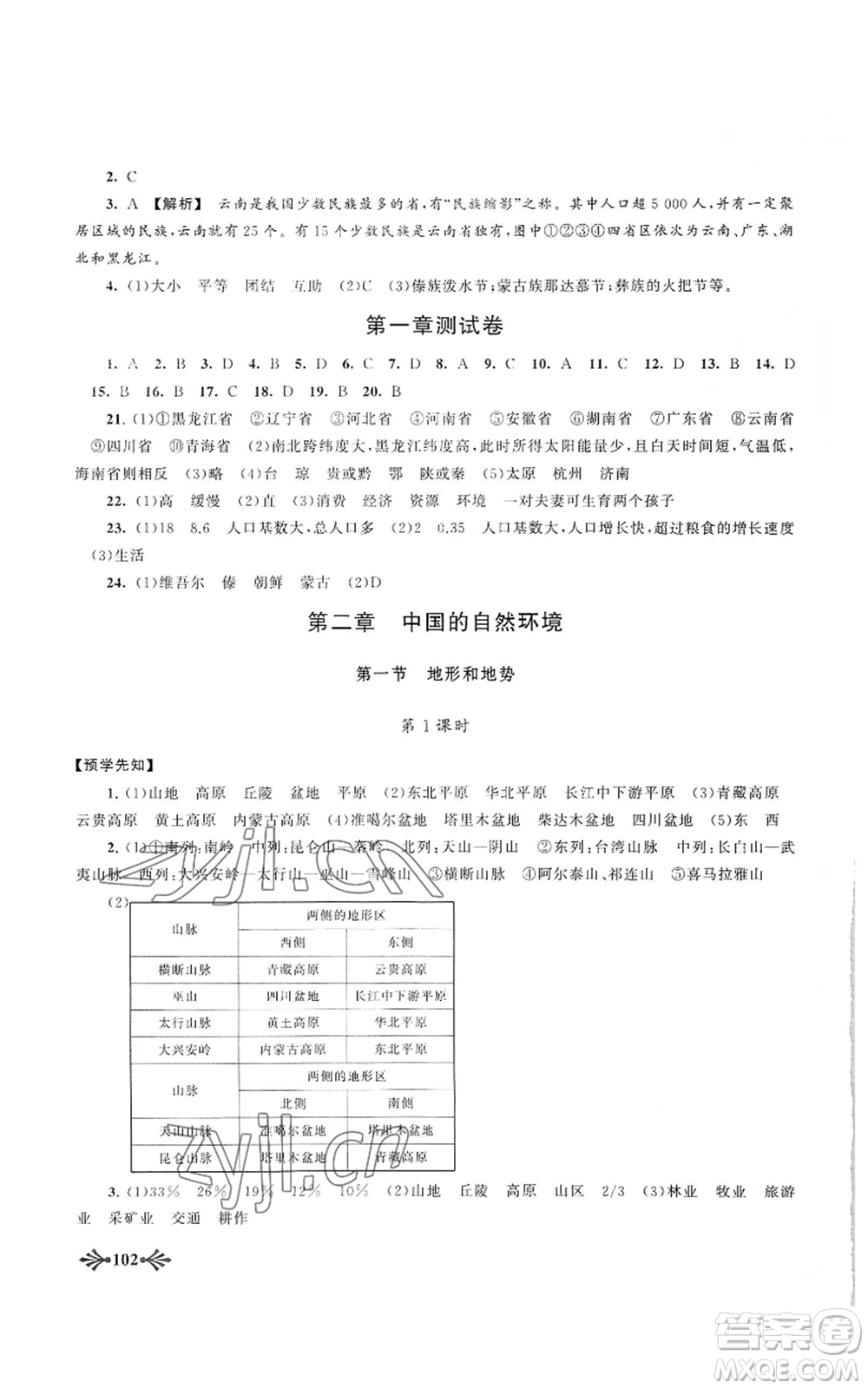 黃山書社2022自主學(xué)習(xí)當(dāng)堂反饋八年級上冊地理人教版參考答案