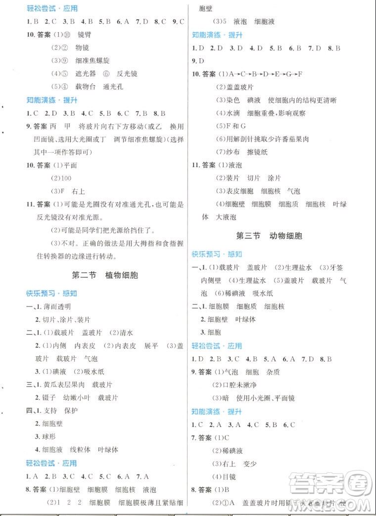 人民教育出版社2022秋初中同步測控優(yōu)化設計生物學七年級上冊人教版答案