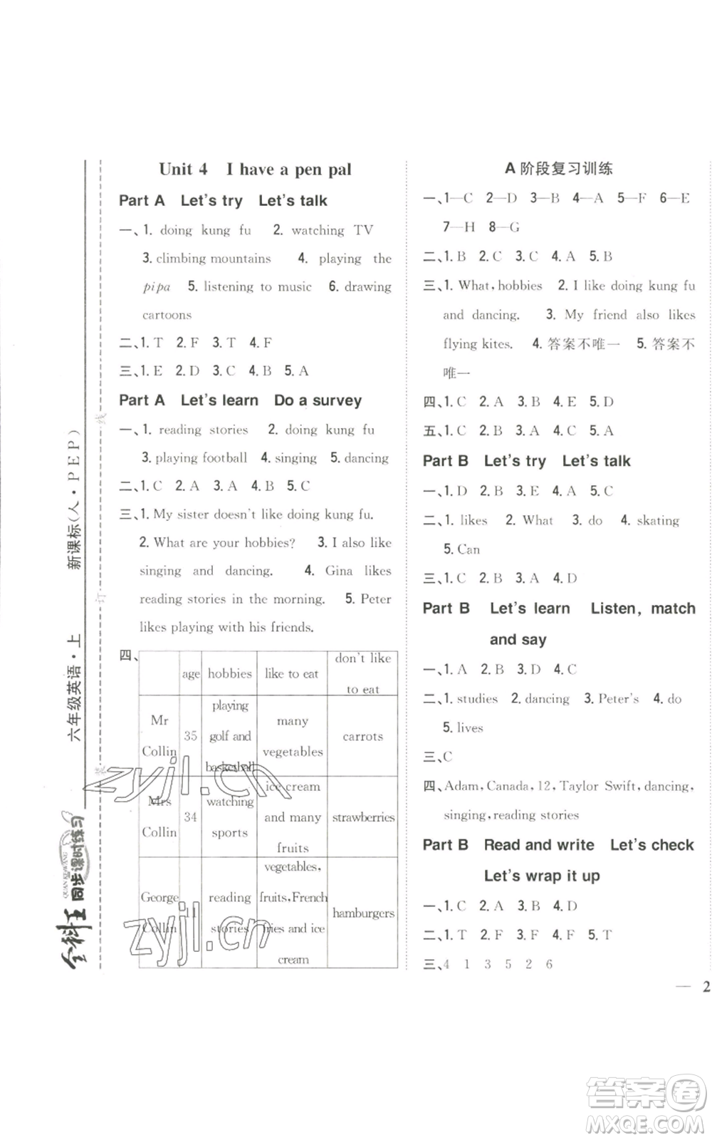 吉林人民出版社2022全科王同步課時練習(xí)六年級上冊英語人教版參考答案