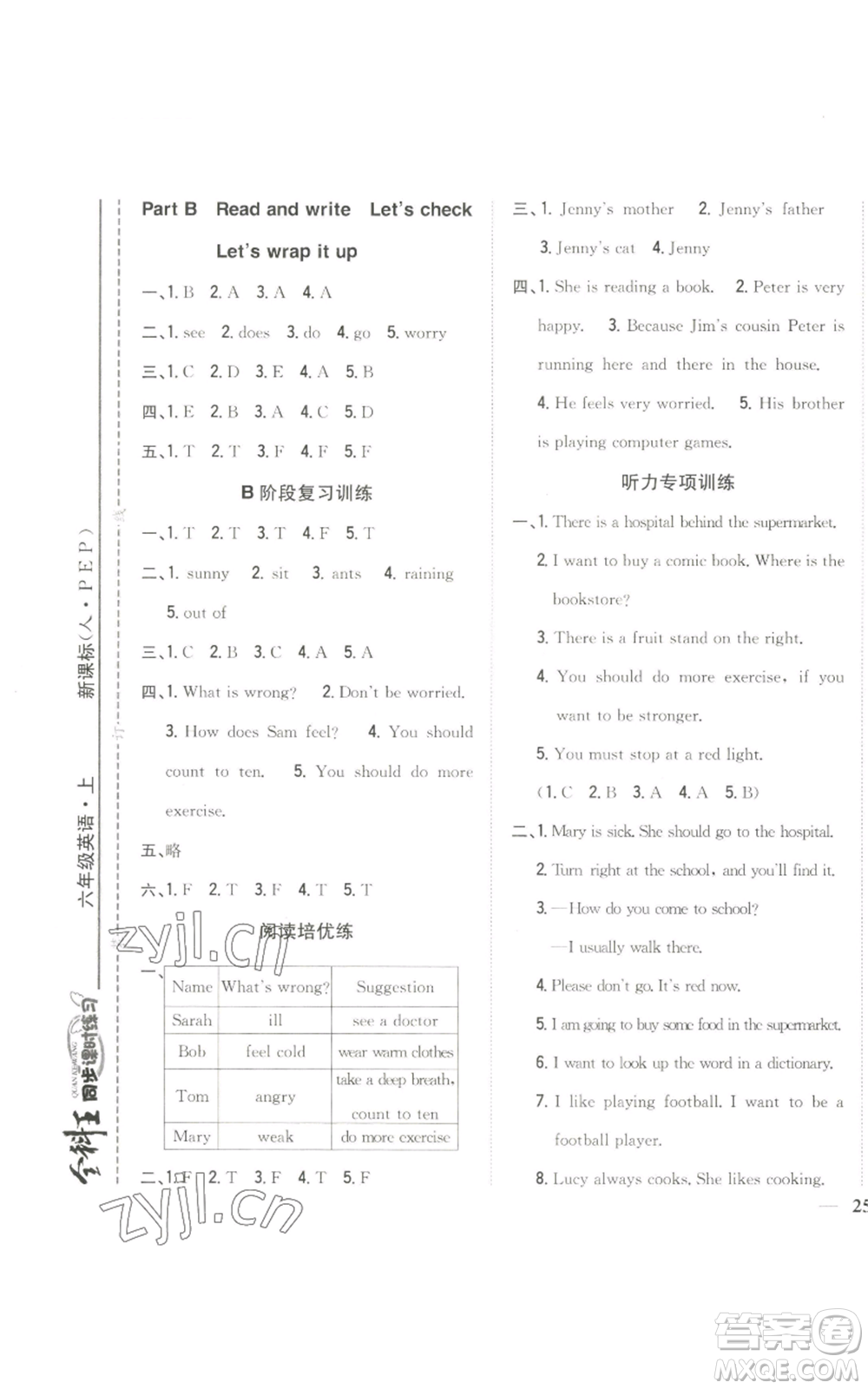 吉林人民出版社2022全科王同步課時練習(xí)六年級上冊英語人教版參考答案