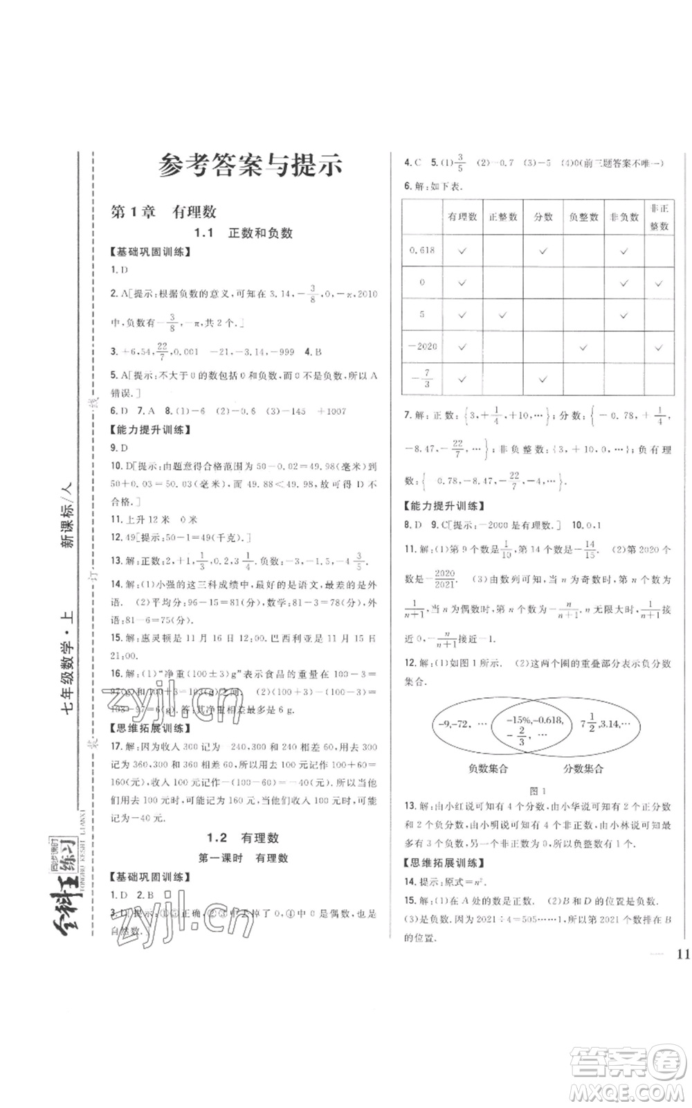 吉林人民出版社2022全科王同步課時(shí)練習(xí)七年級(jí)上冊(cè)數(shù)學(xué)人教版參考答案