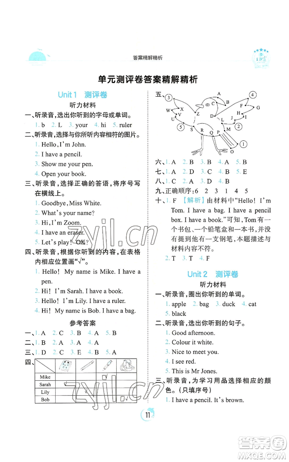 江西人民出版社2022王朝霞德才兼?zhèn)渥鳂I(yè)創(chuàng)新設(shè)計三年級上冊英語人教版參考答案