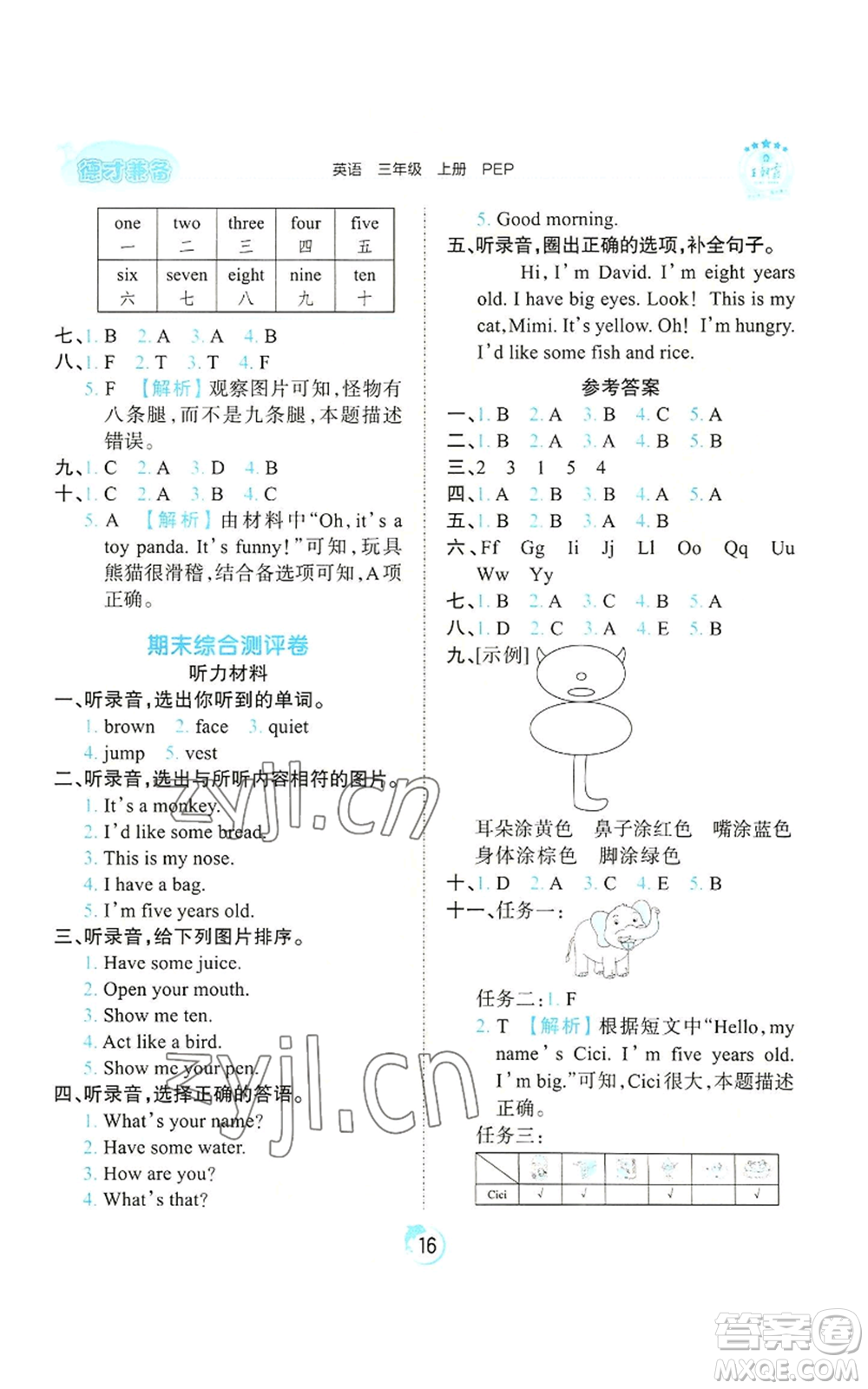 江西人民出版社2022王朝霞德才兼?zhèn)渥鳂I(yè)創(chuàng)新設(shè)計三年級上冊英語人教版參考答案