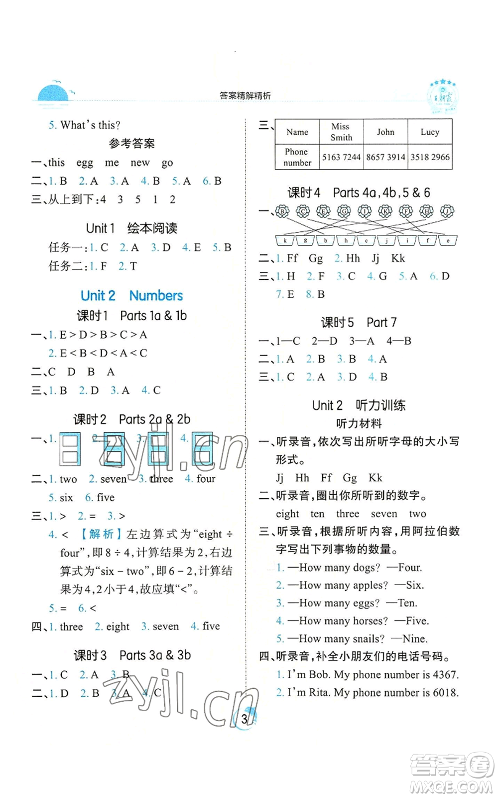 江西人民出版社2022王朝霞德才兼?zhèn)渥鳂I(yè)創(chuàng)新設(shè)計(jì)三年級(jí)上冊(cè)英語劍橋版參考答案