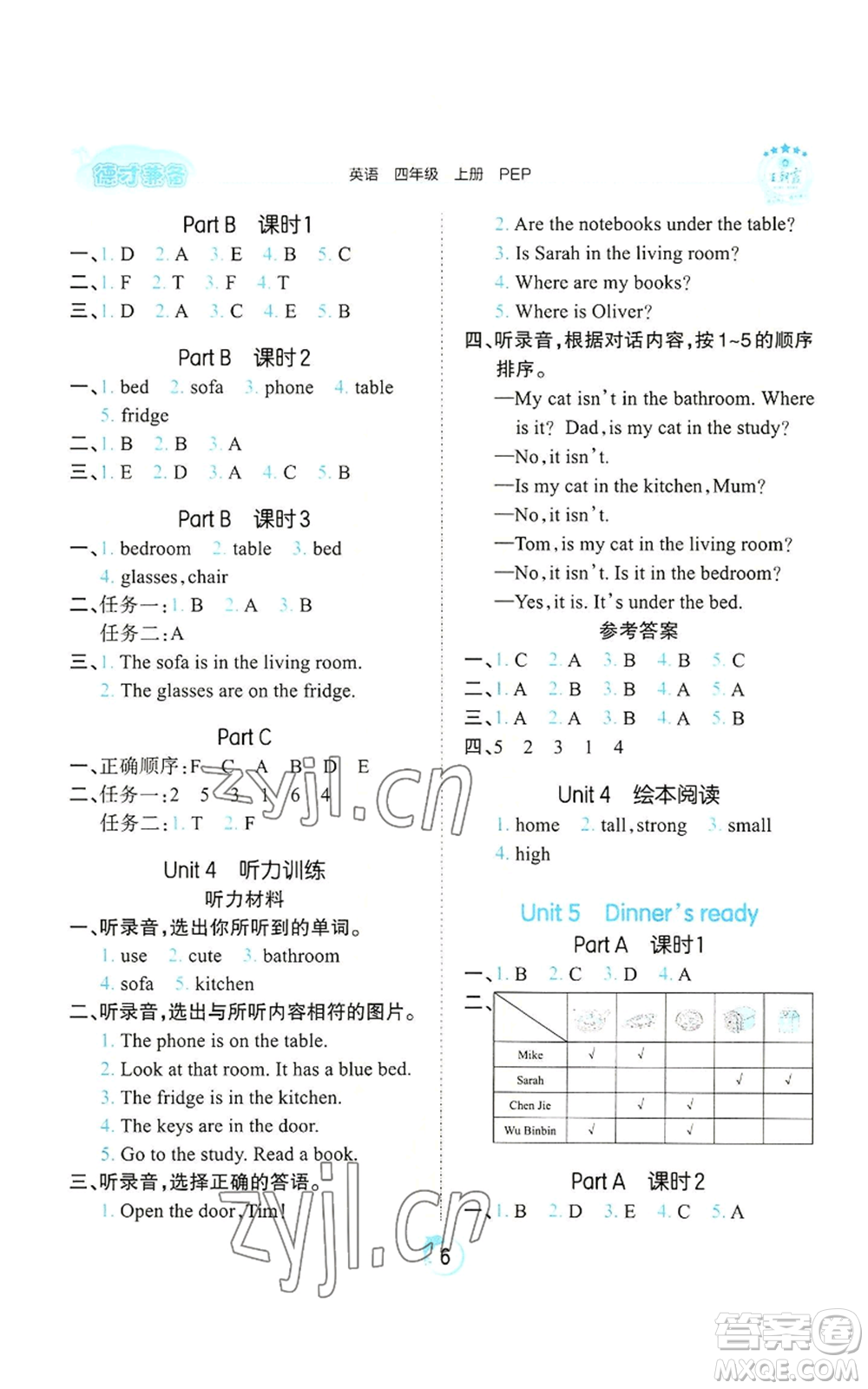 江西人民出版社2022王朝霞德才兼?zhèn)渥鳂I(yè)創(chuàng)新設(shè)計(jì)四年級(jí)上冊(cè)英語人教版參考答案